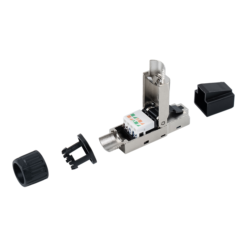 Cat7 afgeschermde gereedschapsloze RJ45-connector (met plastic doppen op de kop en plastic moeren op de staart) RJ-G50S-2-C7 Cat7 afgeschermde gereedschapsloze RJ45-connector (met plastic doppen op de kop en plastic moeren op de staart) RJ-G50S-2-C7