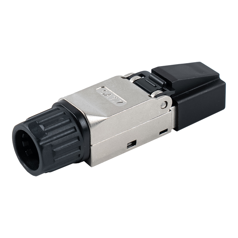 Cat7 afgeschermde gereedschapsloze RJ45-connector (met plastic doppen op de kop en plastic moeren op de staart) RJ-G50S-2-C7